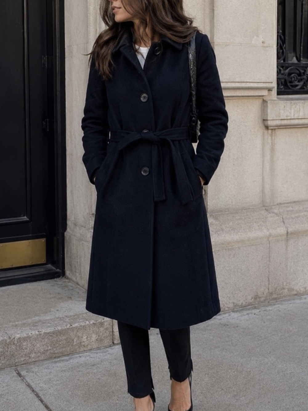 Anne Klein black wool cashmere blend belted coat – Size 4P